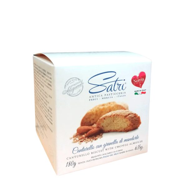 Ingredienti di alta qualità e un’antica ricetta per questi fragranti biscotti da gustare in qualunque momento della giornata o come dessert accompagnati da un buon calice di vino dolce. Particolarità: La sua fragranza è unica, dovuta soprattutto dalla granella di mandorle che avvolge il tutto, creando un esplosione di gusto insieme ad una croccantezza unica.